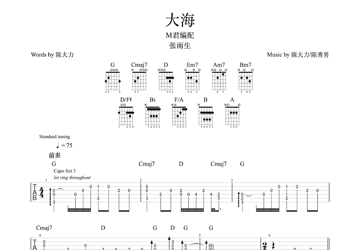 大海吉他谱 张雨生 G调指弹 吉他世界