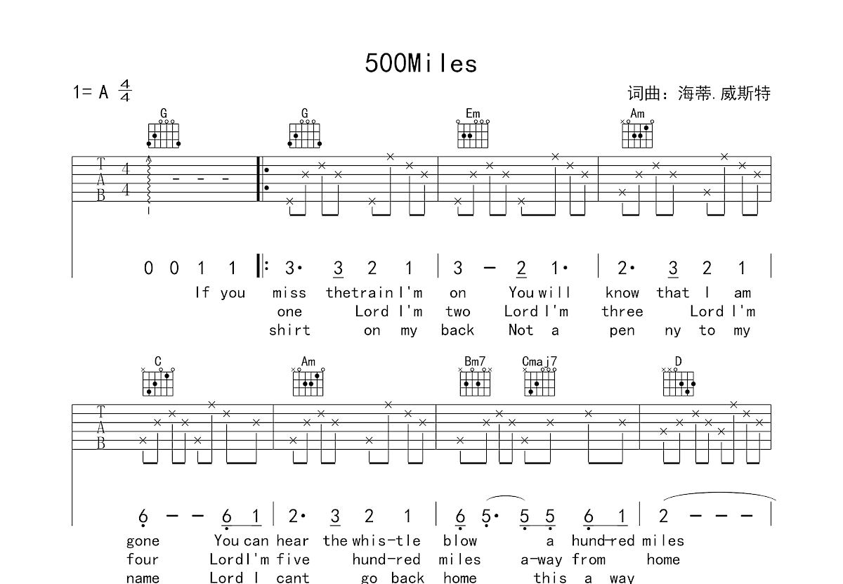 《500Miles》吉他谱初级简单版 酷音小伟吉他弹唱教学_吉他谱_搜谱网