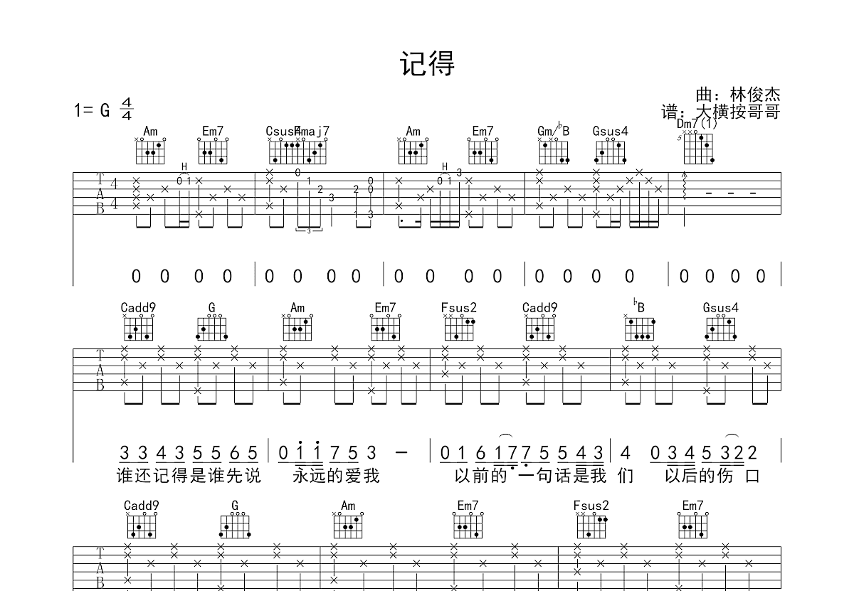 记得吉他谱原版G调弹唱 - 林俊杰 - 时光难忘犹在心绪 | 吉他湾