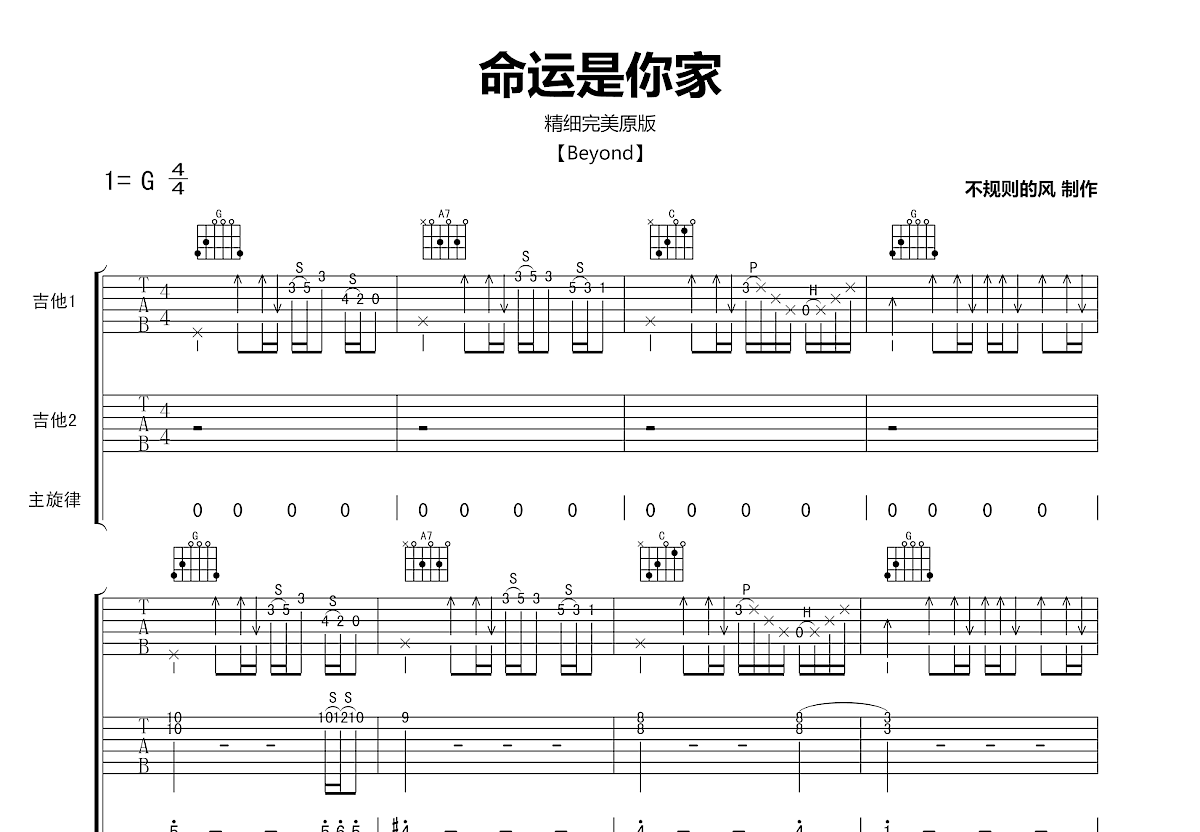 Beyond《命运是你家(家驹版)》吉他谱_C调_弹唱_六线谱-吉他客