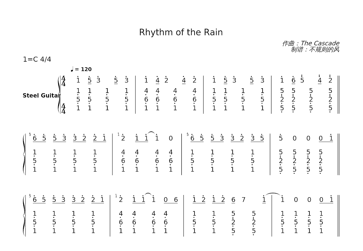 Listen To The Rhythm Of The Falling Rain Chords Rhythm of the Rain钢琴谱_The Cascade_C调独奏 - 吉他世界