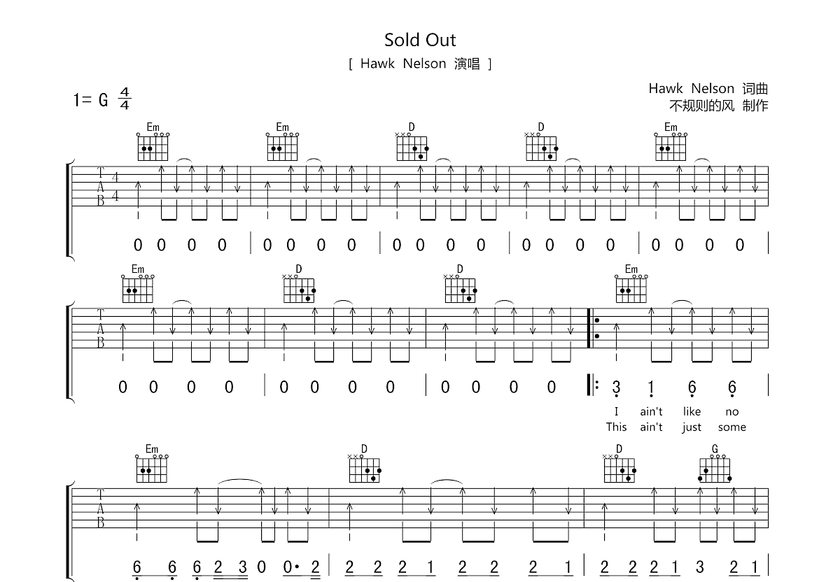 Sold Out吉他谱_Hawk Nelson_G调弹唱吉他谱79%原版- 吉他世界
