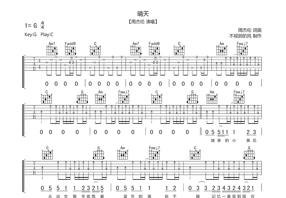 晴天（C调简化版） 吉他谱-虫虫吉他谱免费下载