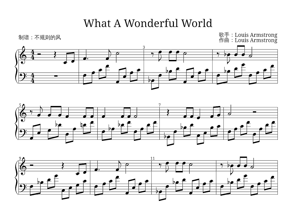 What A Wonderful World钢琴谱_Louis Armstrong_F调独奏 吉他世界
