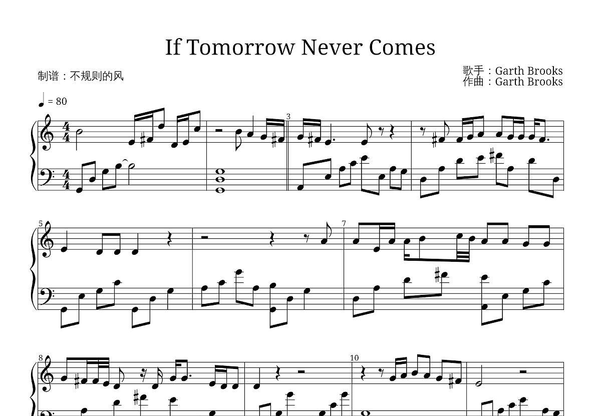 Tomorrow Never Comes Until It's Too Late Lyrics If Tomorrow Never Comes钢琴谱_Garth Brooks_G调独奏 - 吉他世界