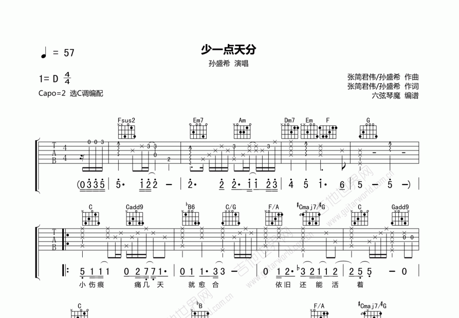 少一点天分吉他谱_孙盛希c调弹唱_六弦琴魔up - 吉他世界