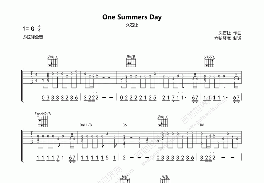 one summers day吉他譜_久石讓_g調指彈 - 吉他世界