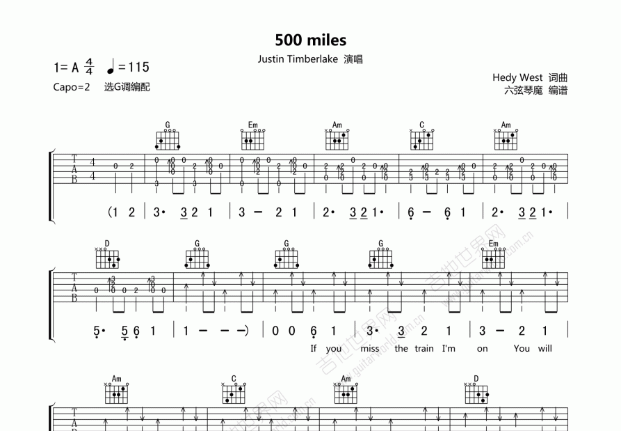 500 Miles吉他谱 Justin Timberlake G调弹唱 吉他世界 500 Miles吉他谱 Justin Timberlake G调弹唱 吉他世界