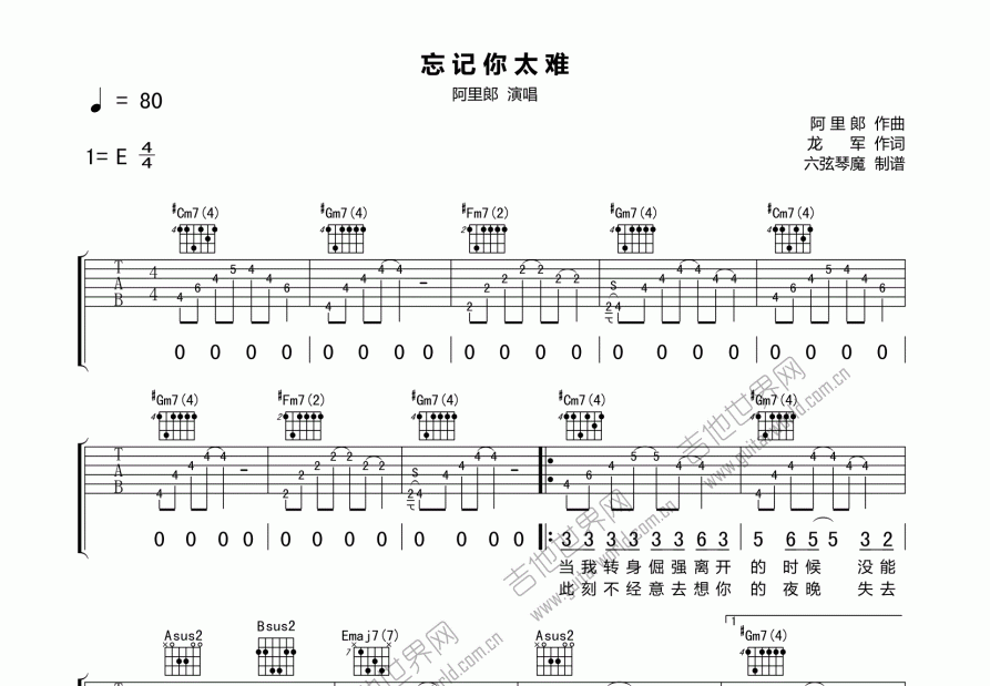 忘记你太难吉他谱_阿里郎_e调弹唱 吉他世界