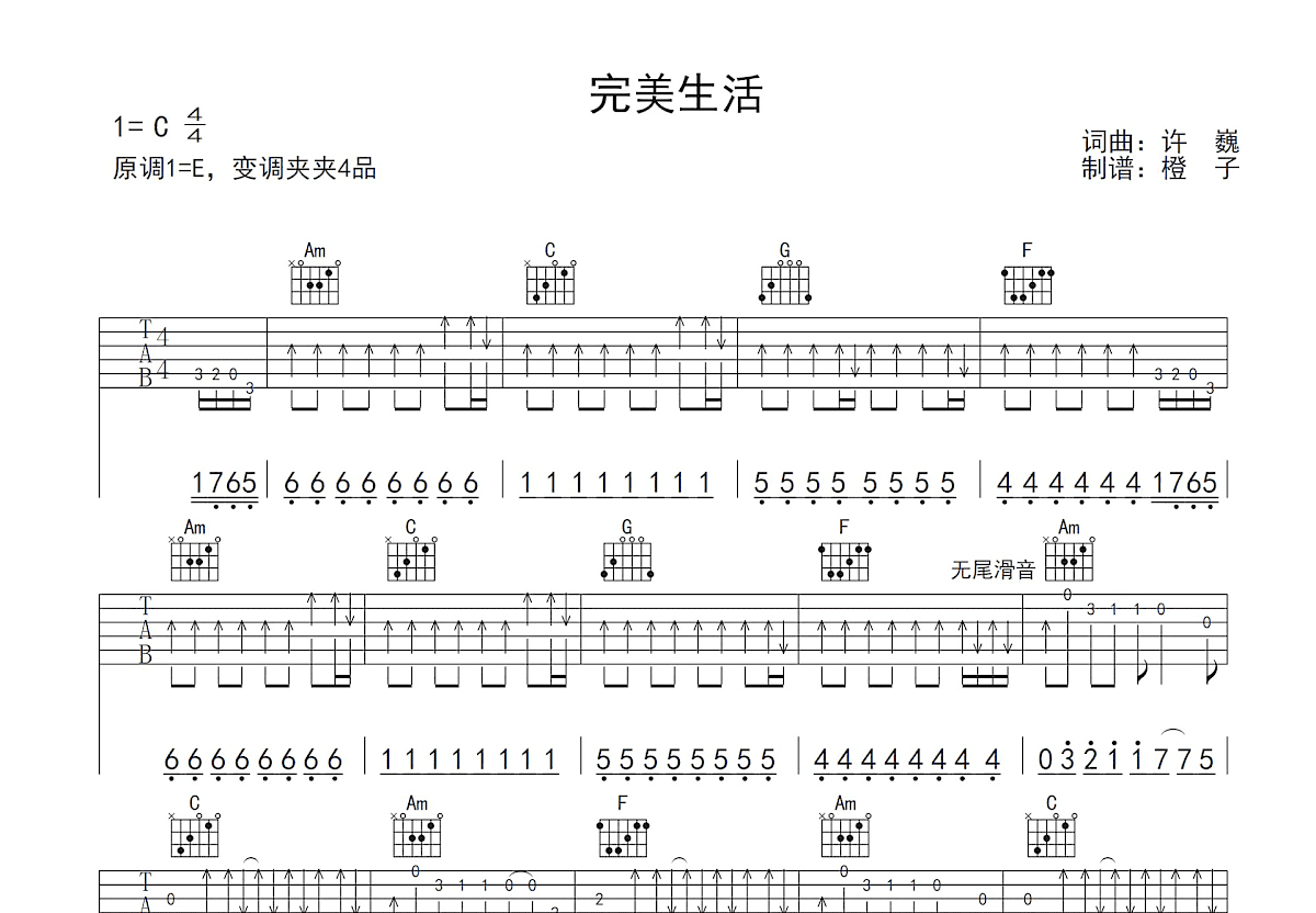 许巍 - 完美生活 [弹唱] 吉他谱