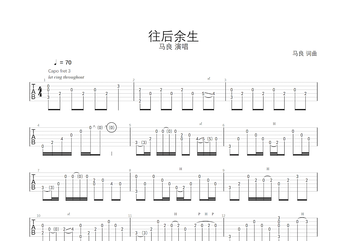 往后余生吉他谱 马良 刘嘉琳指弹谱 附视频演示-吉他谱中国