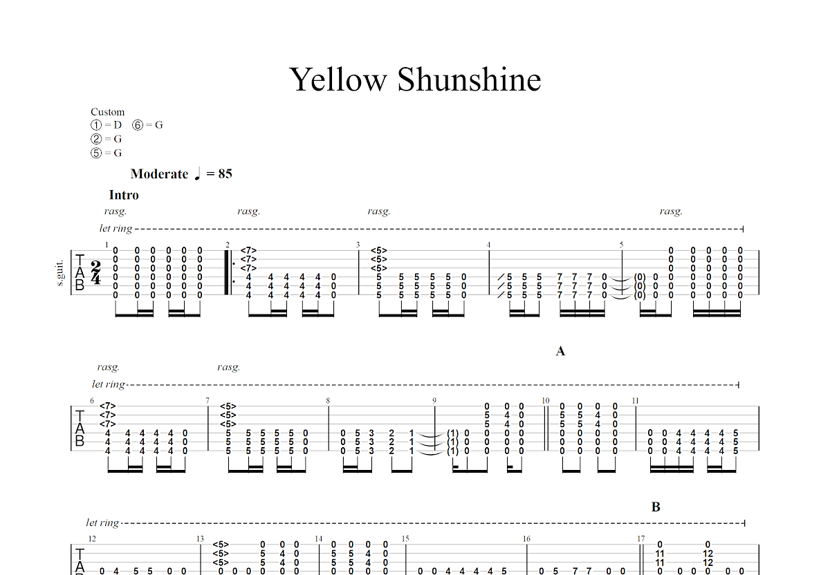 yellow shunshine吉他譜_kotaro oshio_c調指彈 - 吉他世界