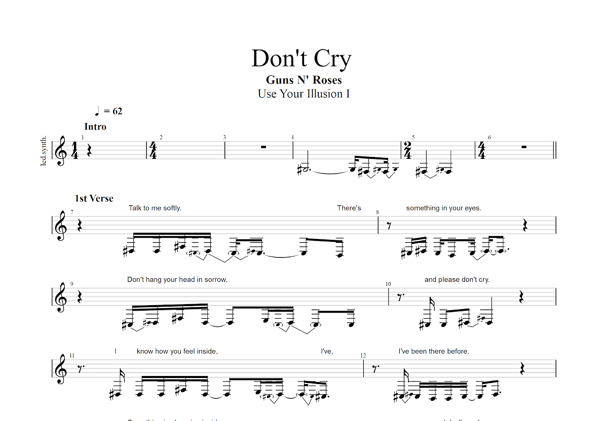 零点乐队《Dont'Cry》吉他谱_C调吉他弹唱谱_双吉他版 - 打谱啦