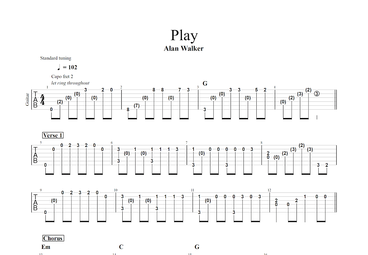 play吉他谱_alan walker_g调指弹吉他谱 - 吉他世界