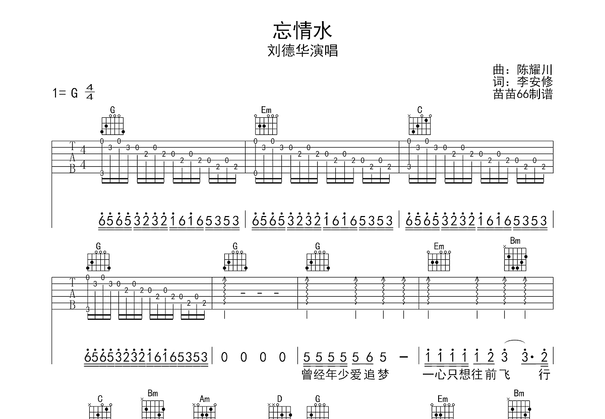 忘情水-刘德华(钢琴谱)吉他谱 -彼岸吉他 - 一站式吉他爱好者服务平台