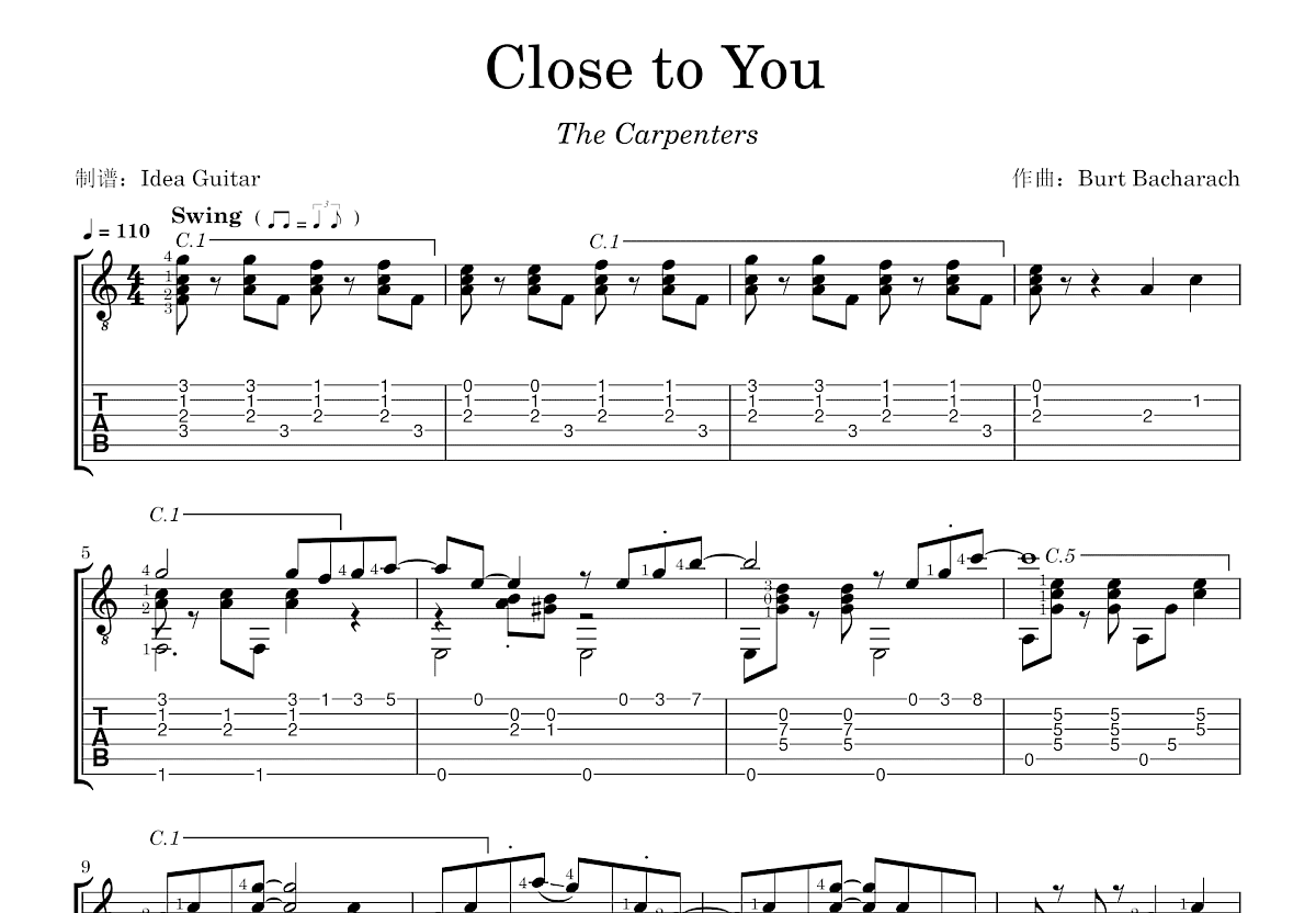 Close to You吉他谱_Burt Bacharach_C调指弹 – 吉他世界