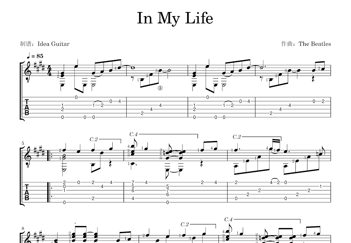 《In My Life》,The Beatles（六线谱 调六线吉他谱-虫虫吉他谱免费下载