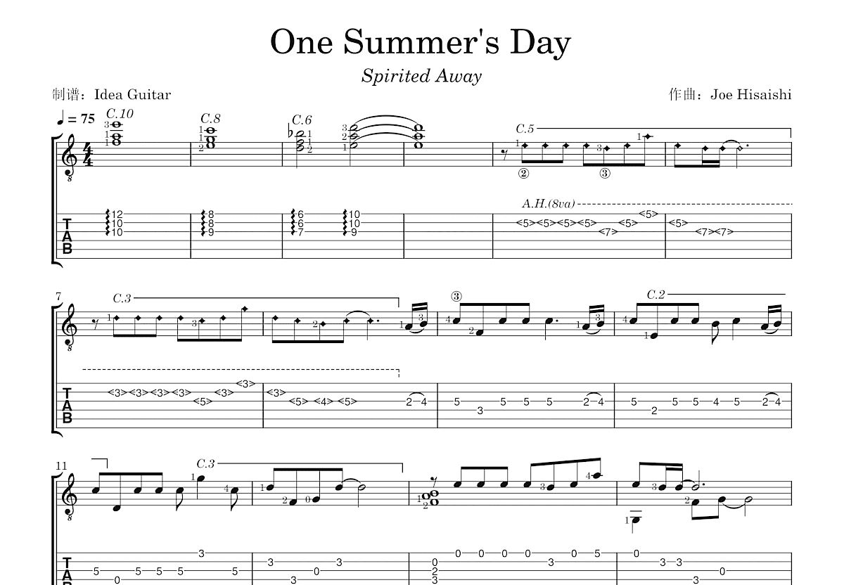 One Summer's Day吉他谱_Joe Hisaishi_C调古典 吉他世界