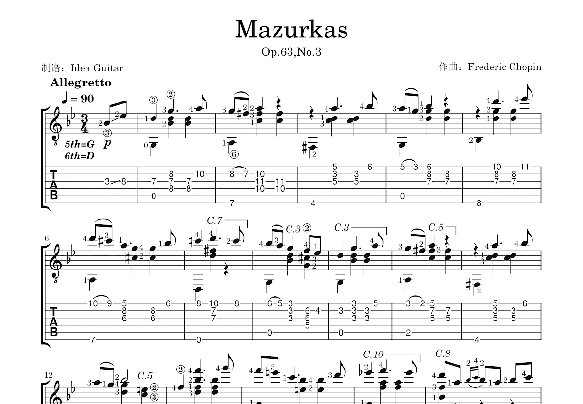 Mazurkas吉他谱_Frederic Chopin_降B古典 - 吉他世界