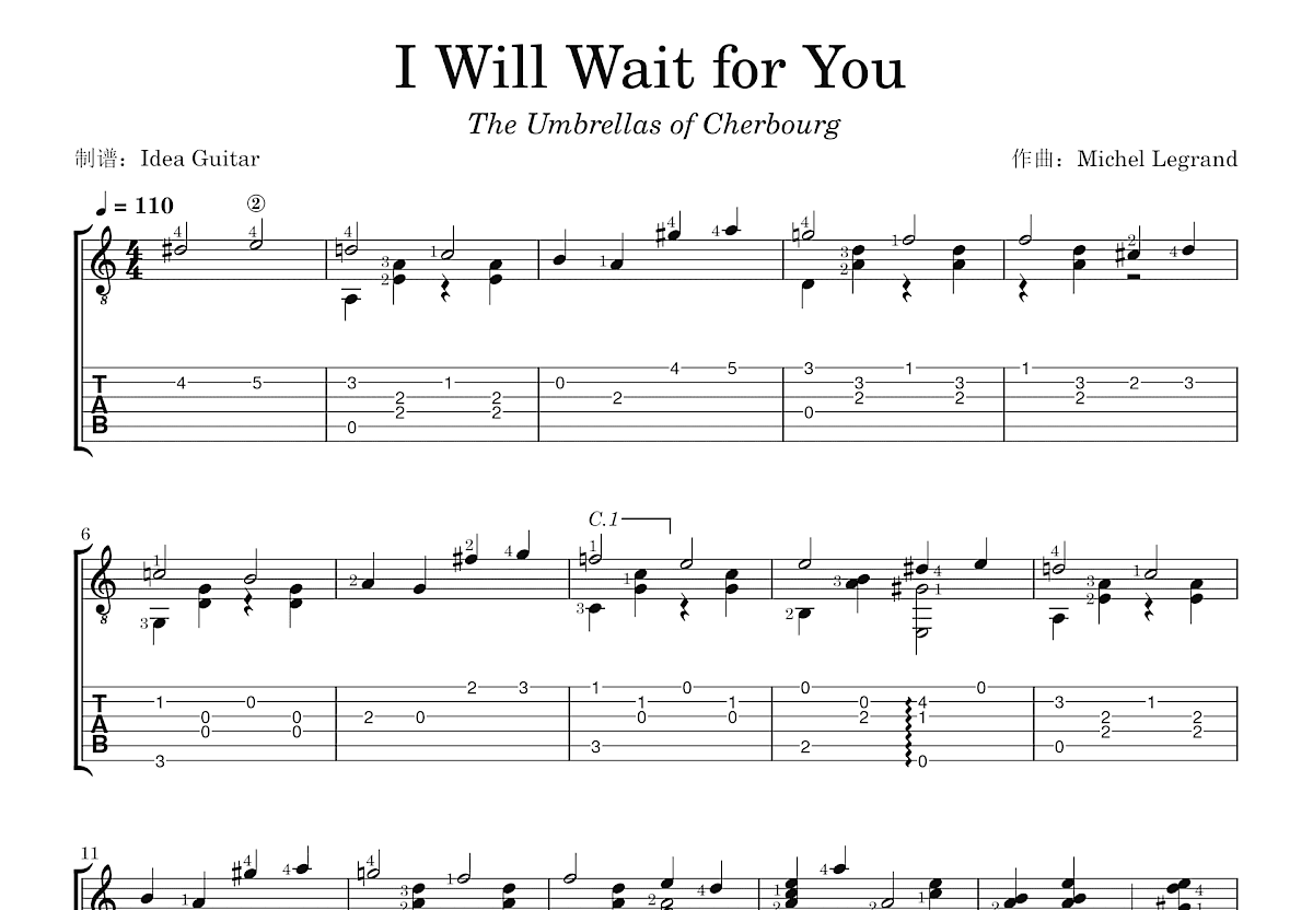 数字版指弹《Waiting For You》六线谱 - 吉他谱 选用C调指法编配 - 初级谱子 - 六线谱(独奏/指弹谱) - 易谱库