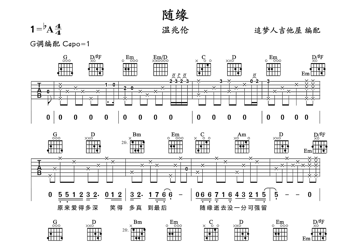 随缘吉他谱_温兆伦_G调弹唱80%单曲版 - 吉他世界