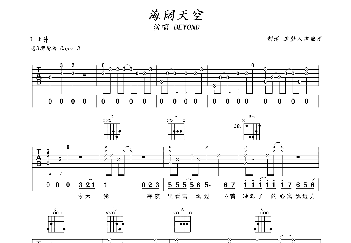 Beyond - 海阔天空(单吉他版+尾奏) 吉他谱
