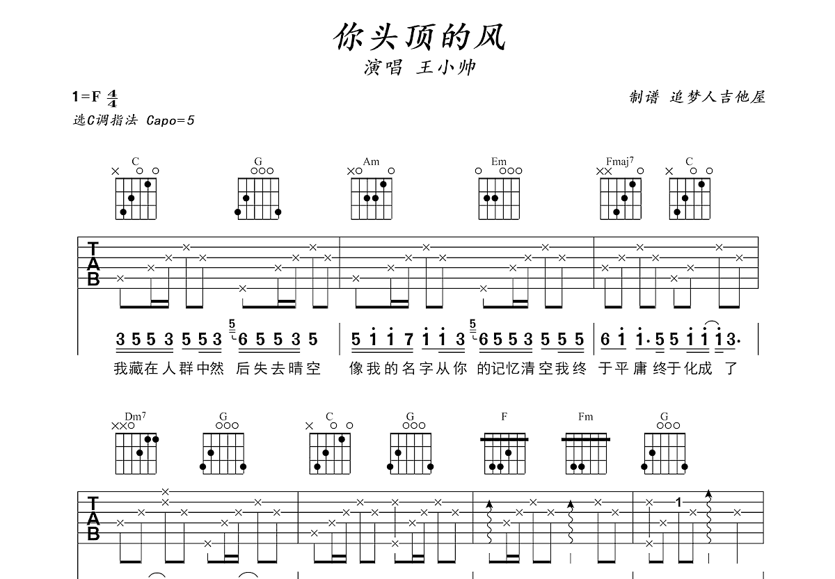 你头顶的风吉他谱_王小帅_c调弹唱100%原版 - 吉他世界