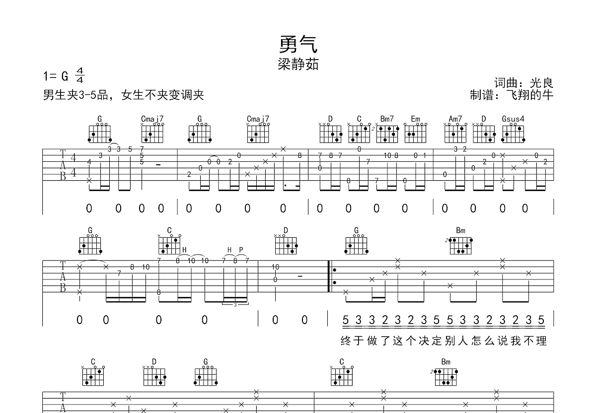 棉子 - 勇气 [弹唱] 吉他谱