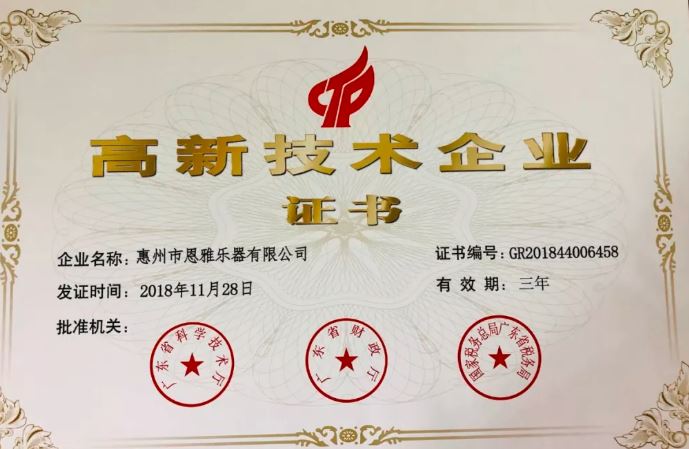 恩雅乐器荣获国家高新技术企业及天猫2019优秀合作伙伴